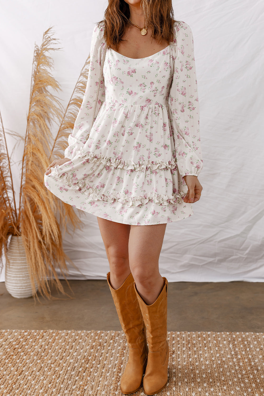Pink Floral Print Long Sleeve Ruffle Mini Dress