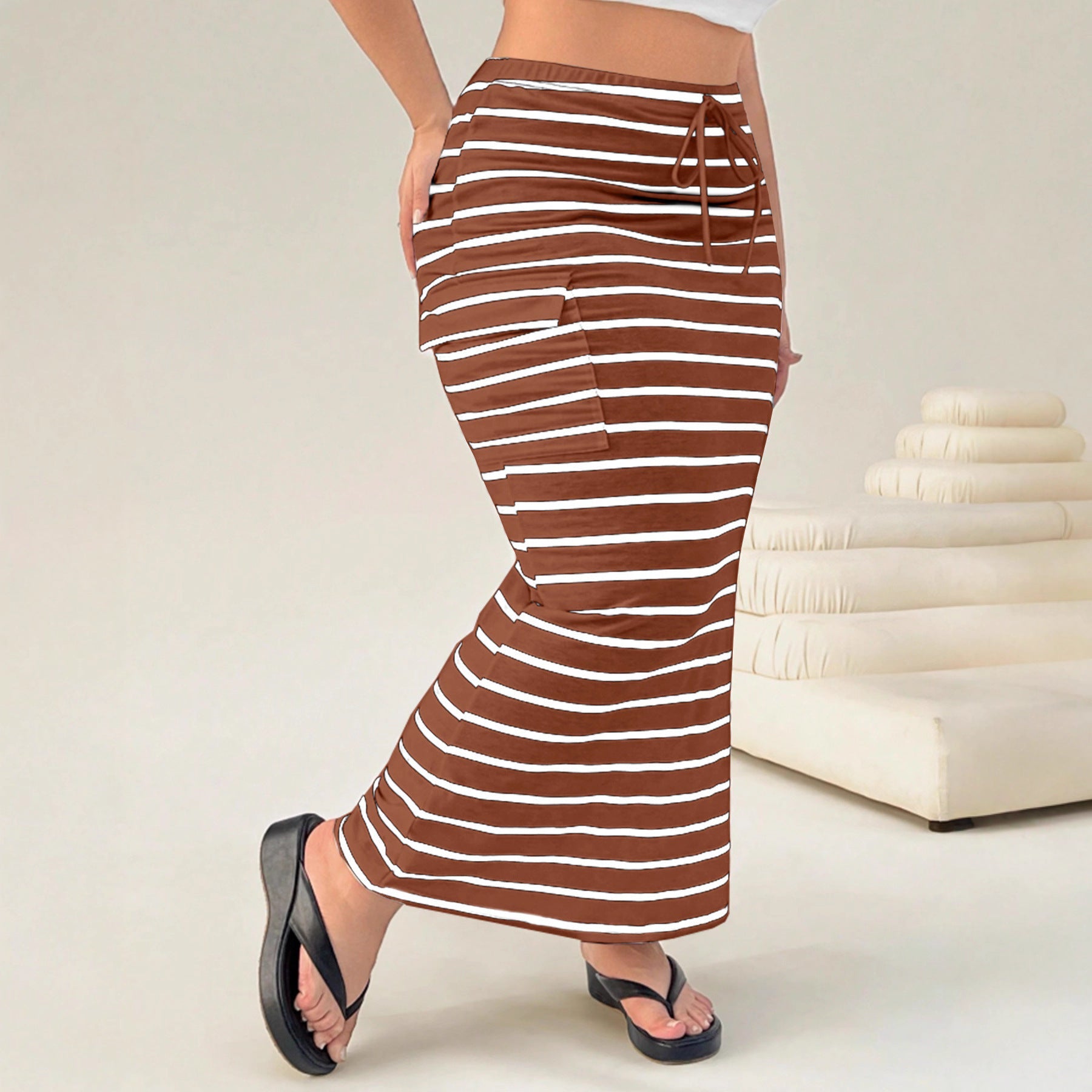 Striped Knitted Slim-Fit Hip Skirt - Mid-Length Casual Skirt
