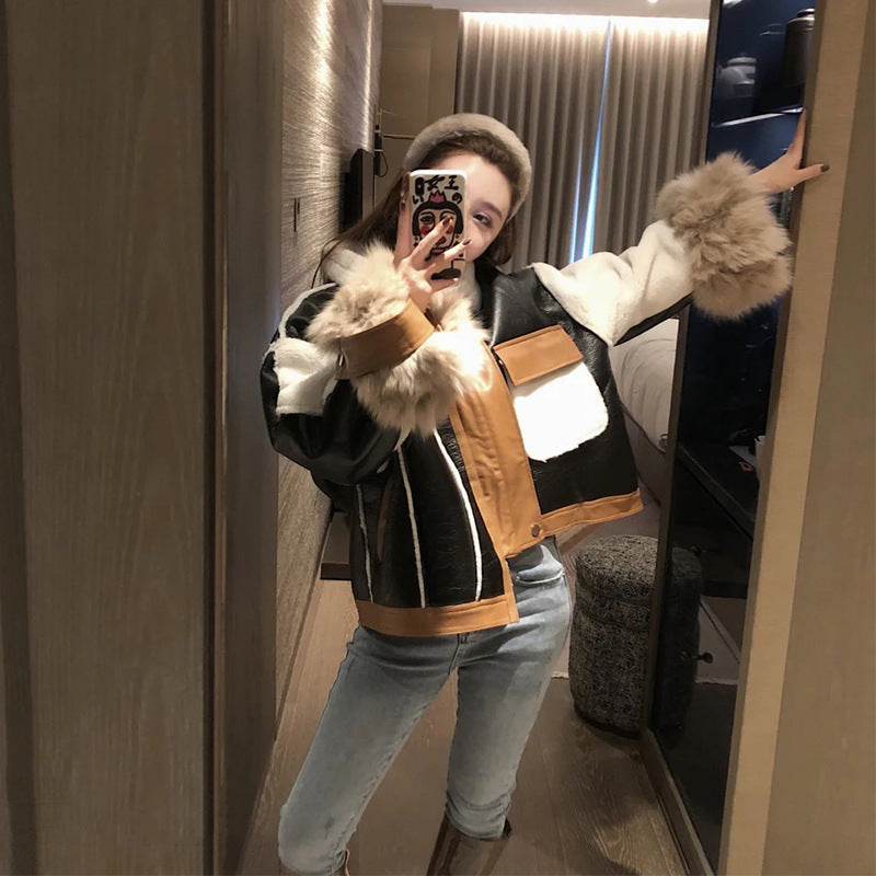 Women's Vintage Faux Leather & Fur Color Block Harajuku Jacket - Image 4