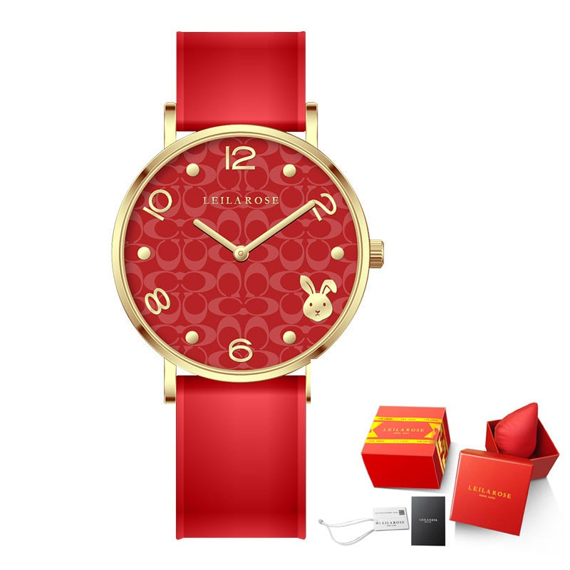 Elegant Zodiac Rabbit Women's Quartz Watch - Green & Red Strap - Image 3