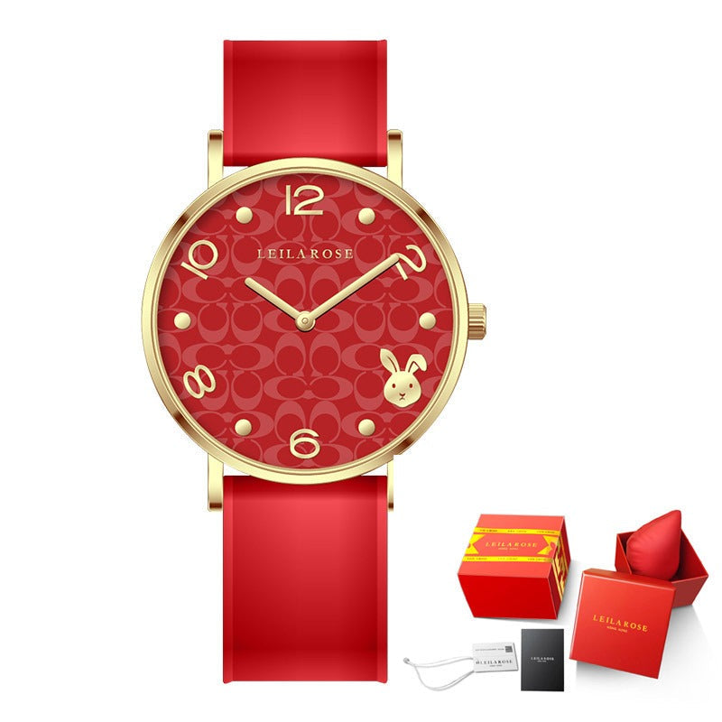 Elegant Zodiac Rabbit Women's Quartz Watch - Green & Red Strap - Image 3