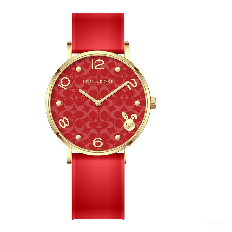 Elegant Zodiac Rabbit Women's Quartz Watch - Green & Red Strap - Image 2