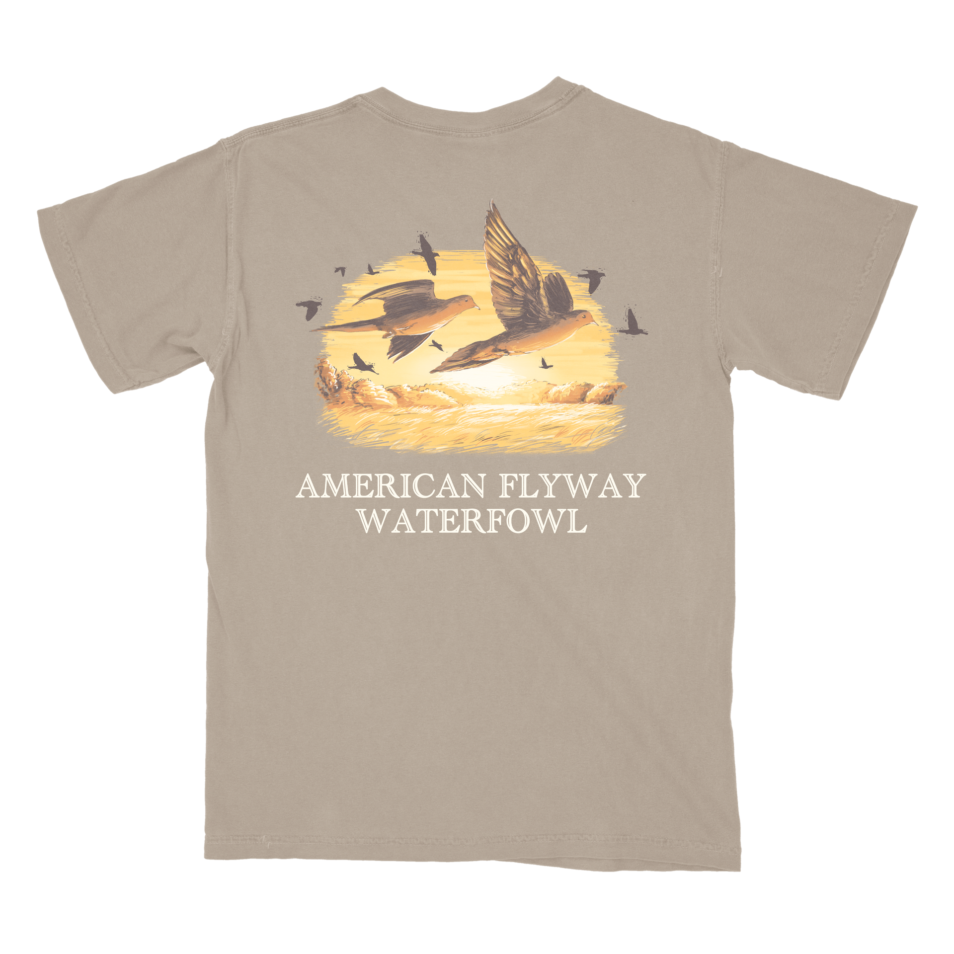 Unisex Dove Season graphic tee in tan and brown cotton featuring a flying dove illustration.