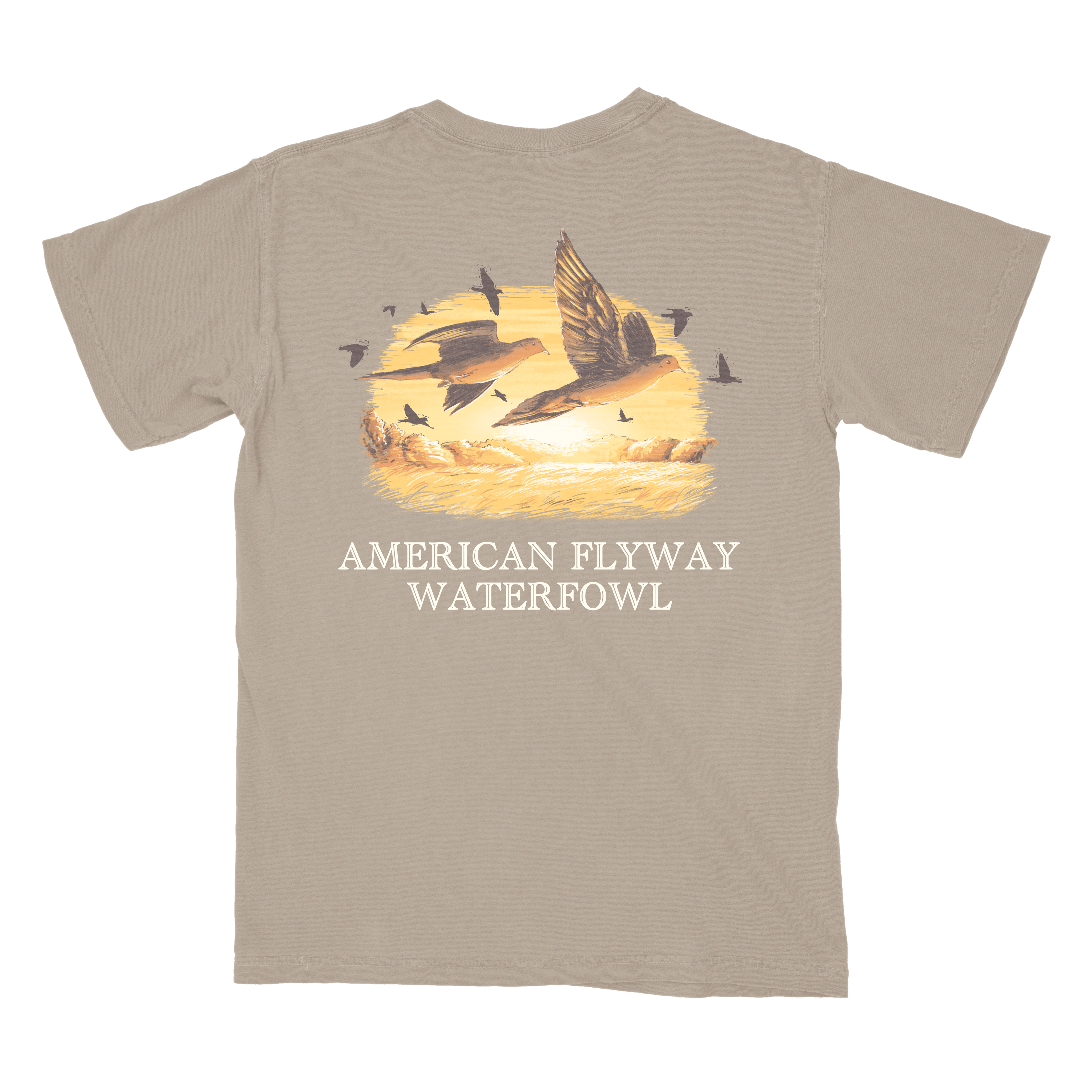 Unisex Dove Season graphic tee in tan and brown cotton featuring a flying dove illustration.