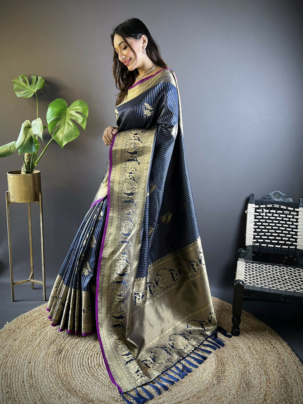 Navy Blue Striped Soft Silk Saree with Floral Motifs