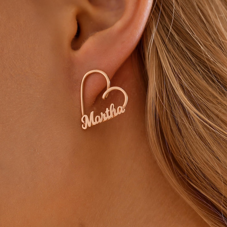 Custom Heart Name Stud Earrings Personalized Gold Script Jewelry