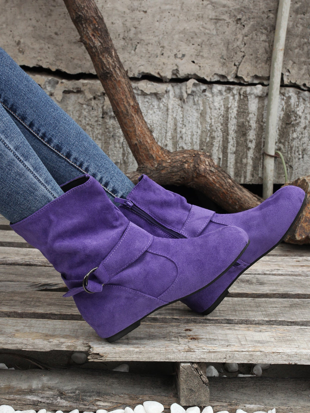 Women's Ankle Boots with Buckle Belt & Side Zip