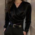 Women's Elegant Cross V-Neck Blouse, Ruffle Detail Button Accent Office Shirt
