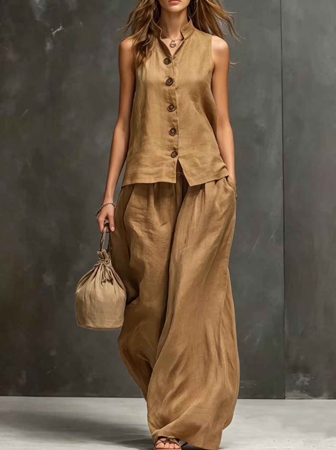 Sleeveless Vest & Wide-Leg Pants Two-Piece Cotton Linen Set