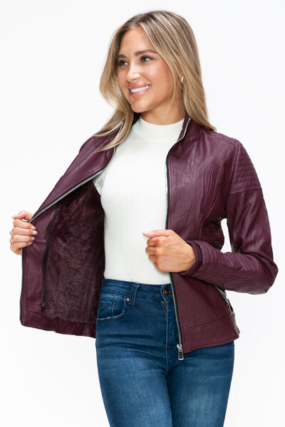 Dual-Zipper Layered Jacket with Fuzzy Hood in Burgundy and Grey