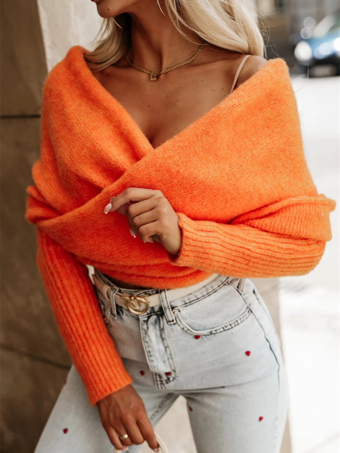 Taupe Wrap Front Cropped Knit Top Long Sleeve Sweater - Image 11