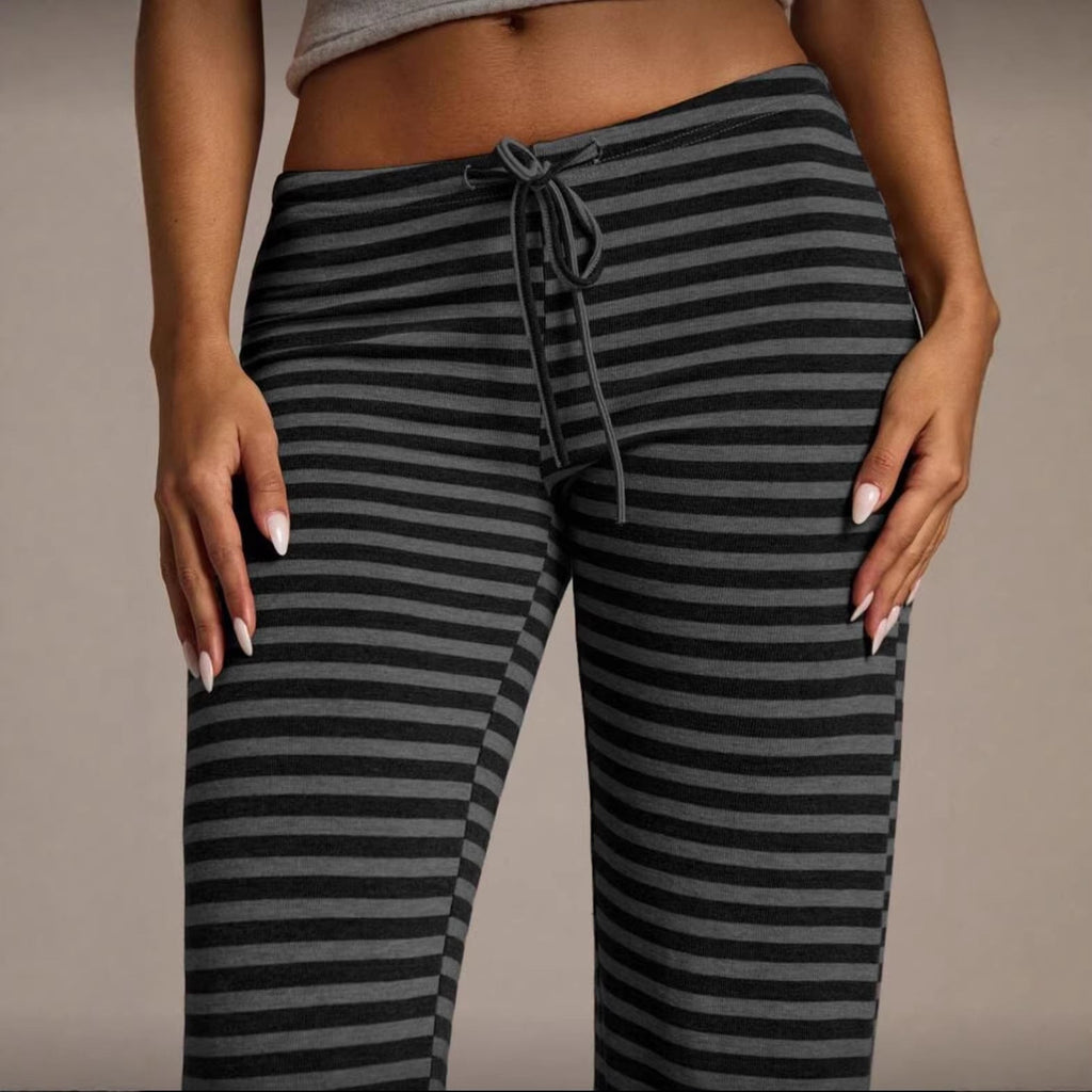 Women's Striped Wide Leg Flare Casual Pants Mid Rise Drawstring - Image 3