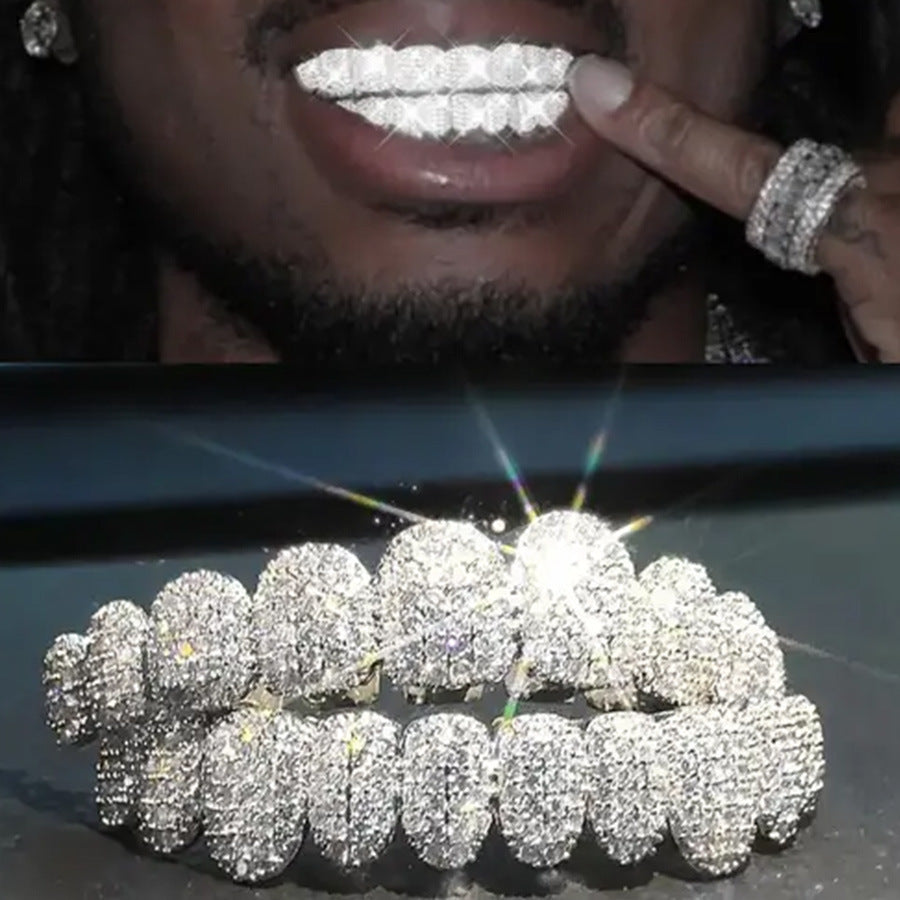 Halloween Cross-Border Hip-Hop Braces Accessories 14K Real Gold Electroplated Copper Zirconium Braces Exaggerated Rap Diamond Braces