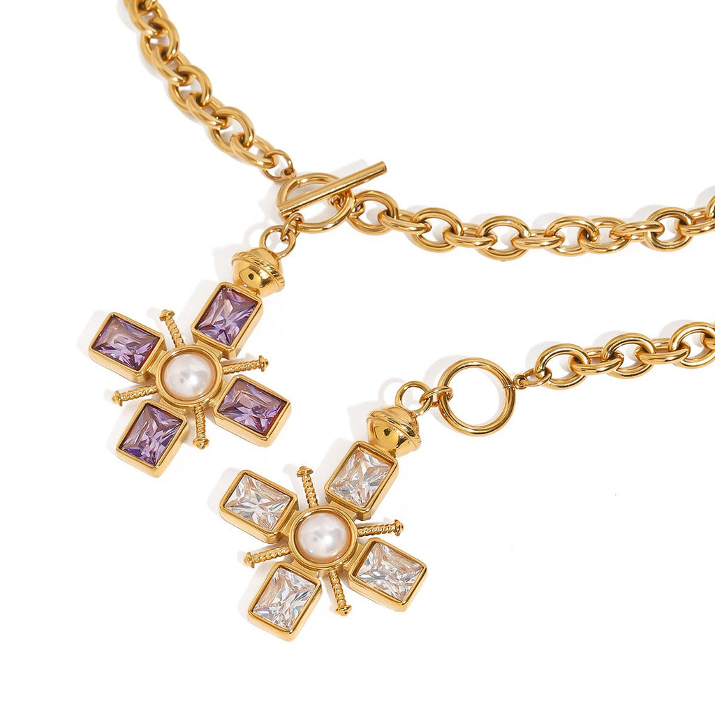 18K gold cross inlaid gemstone design high-end necklace ring set