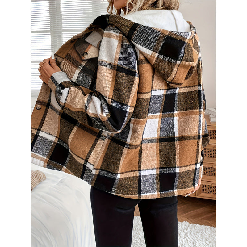 Women's Plaid Fleece Lined Hooded Button Front Casual Jacket