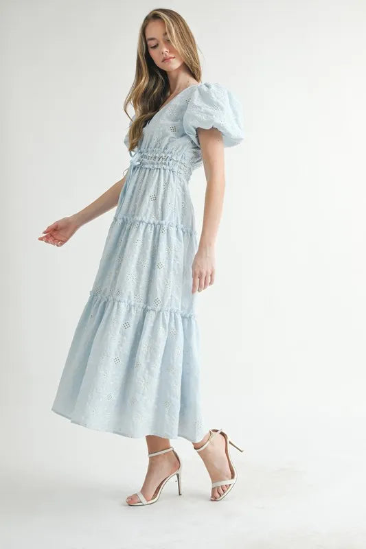Eyelet Lace Puff Sleeve V-Neck Midi Dress