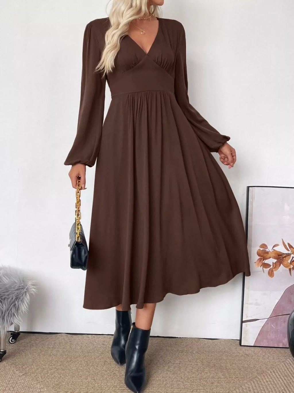 V-Neck Balloon Sleeve Midi Dress