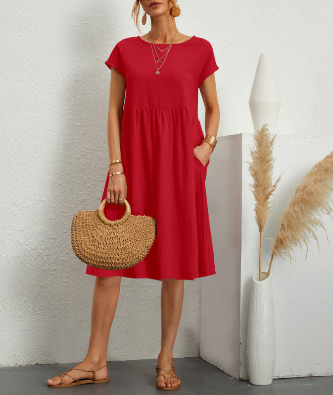 Cotton blend A-line skirt dress with round neck