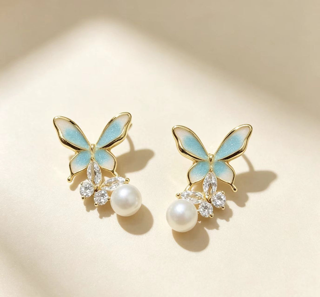 Dripping-oil Pearl Butterfly Elegant High-end Silver Needle Earrings