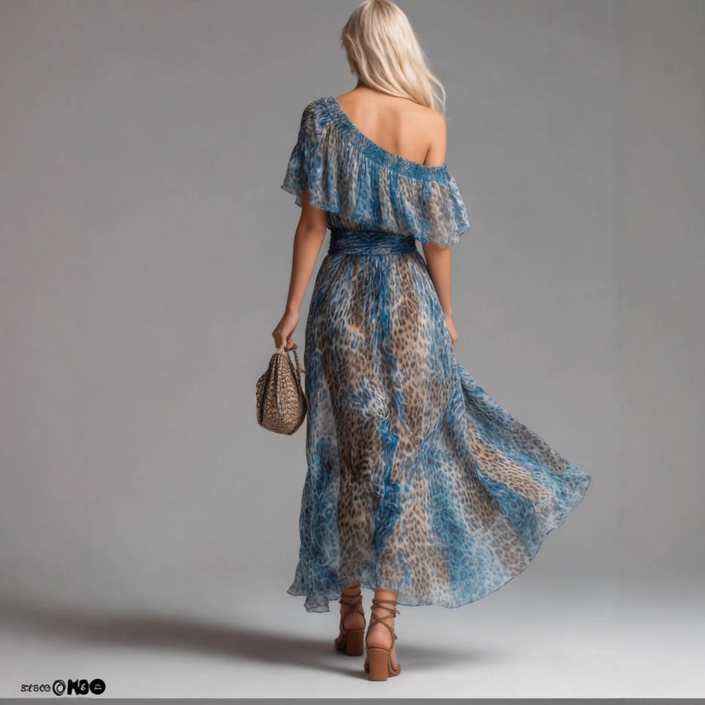 Peacock Blue Leopard Print Chiffon Off-Shoulder Maxi Dress - Image 5