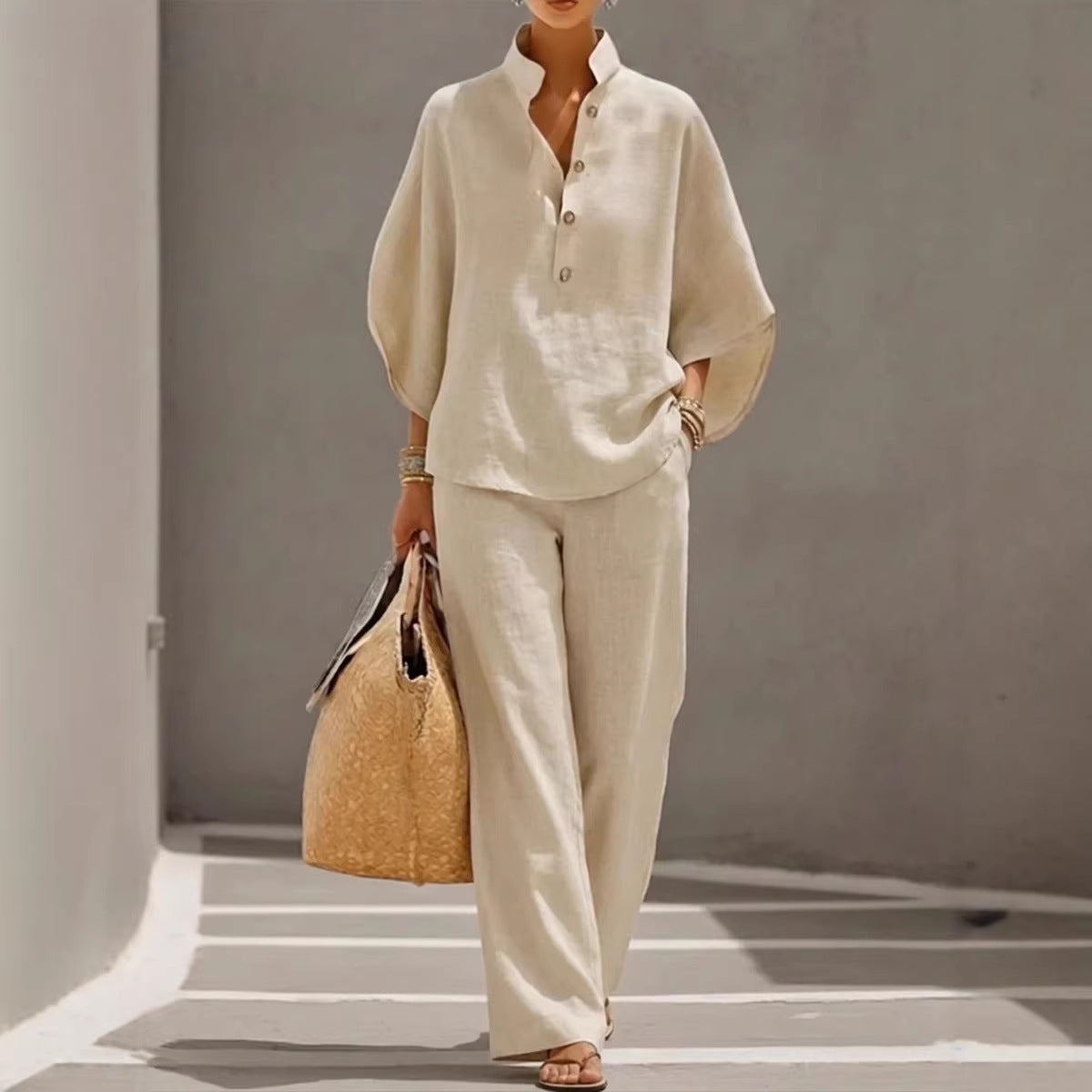 Women's Casual Linen-Look Shirt and Full-Length Pants Set - Image 2
