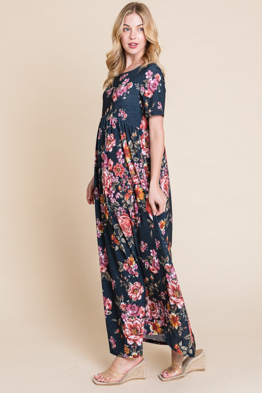Floral Short Sleeve Maxi Dress with Shirred Detail