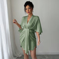 Deep V-Neck Wide Sleeve Hip Skirt Dress with Lace-Up Detail