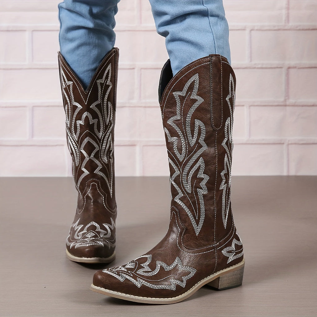 Mid Calf Women's V-cut Embroidery Western Cowgirl Boots