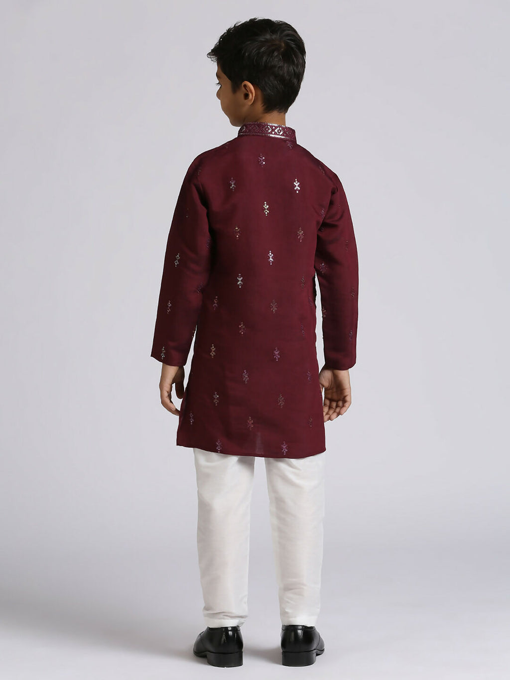 Boys Wine Silk Kurta and Pyjama Set with Sequence Embroidery