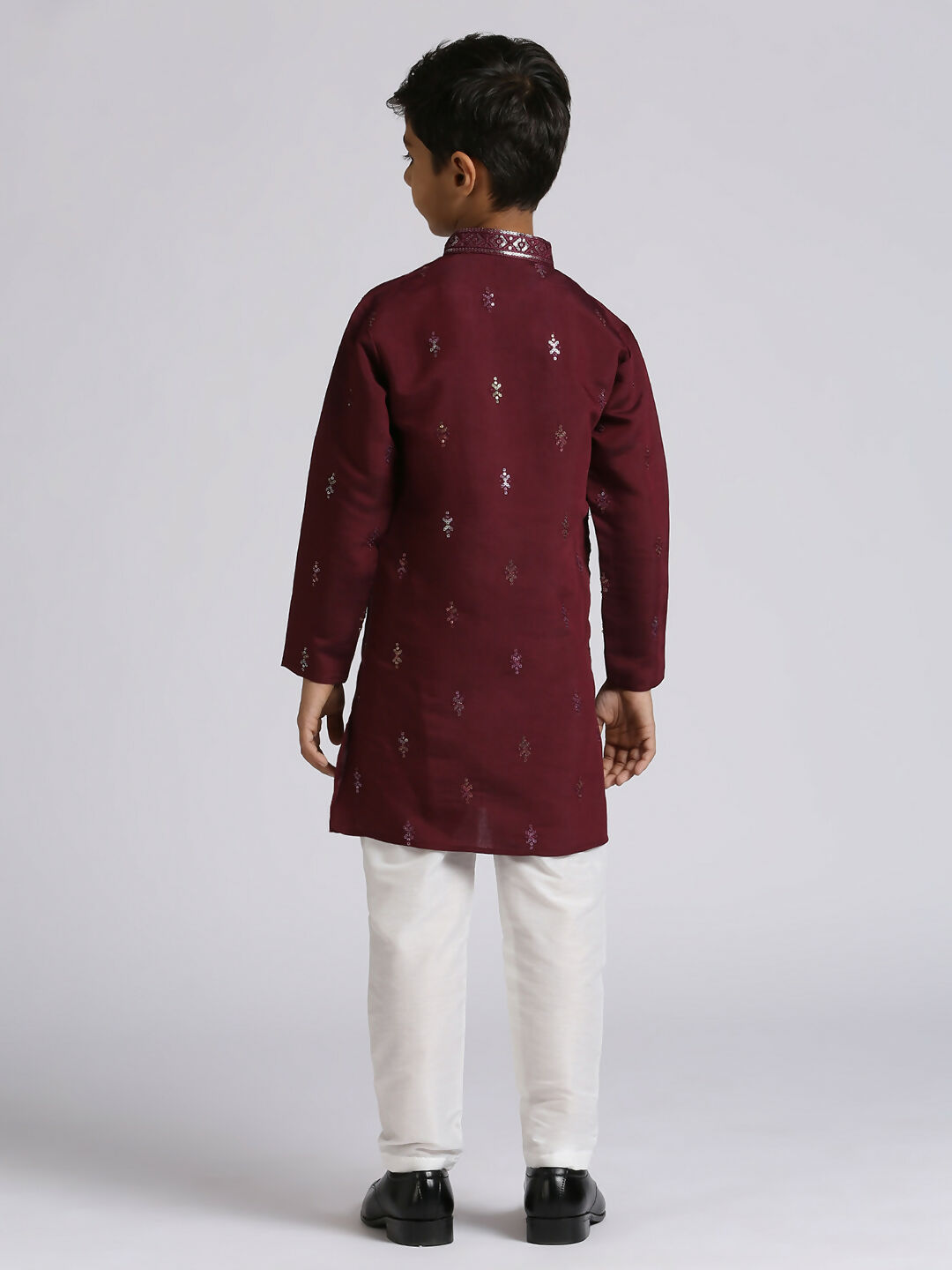 Boys Wine Silk Kurta and Pyjama Set with Sequence Embroidery
