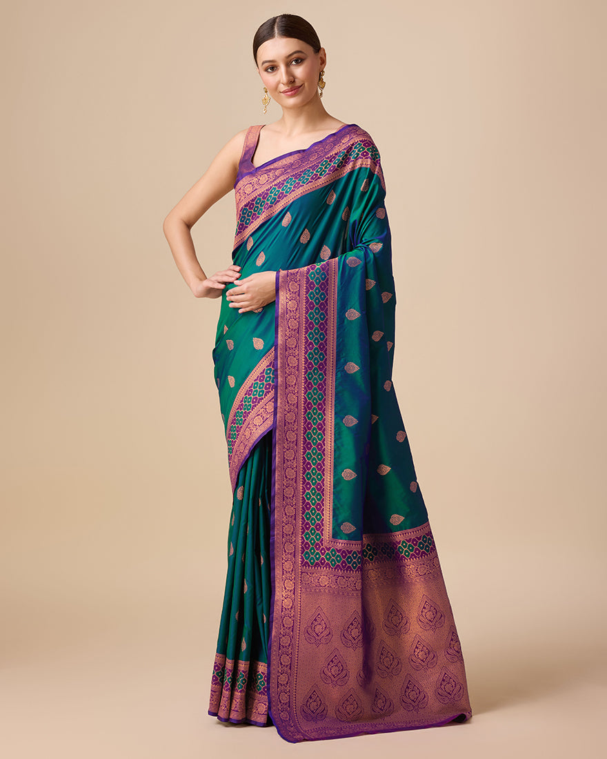 Dark Teal Banarasi Silk Saree with Rich Zari Woven Details