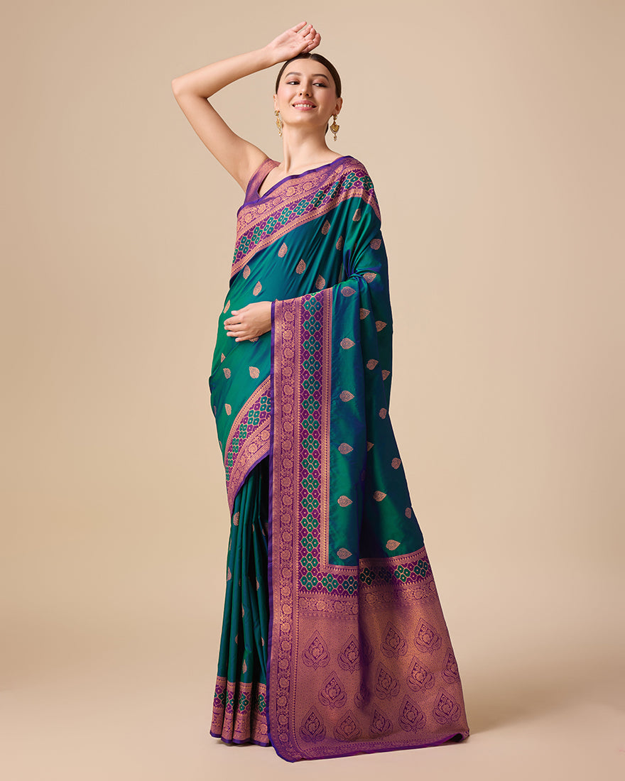 Dark Teal Banarasi Silk Saree with Rich Zari Woven Details