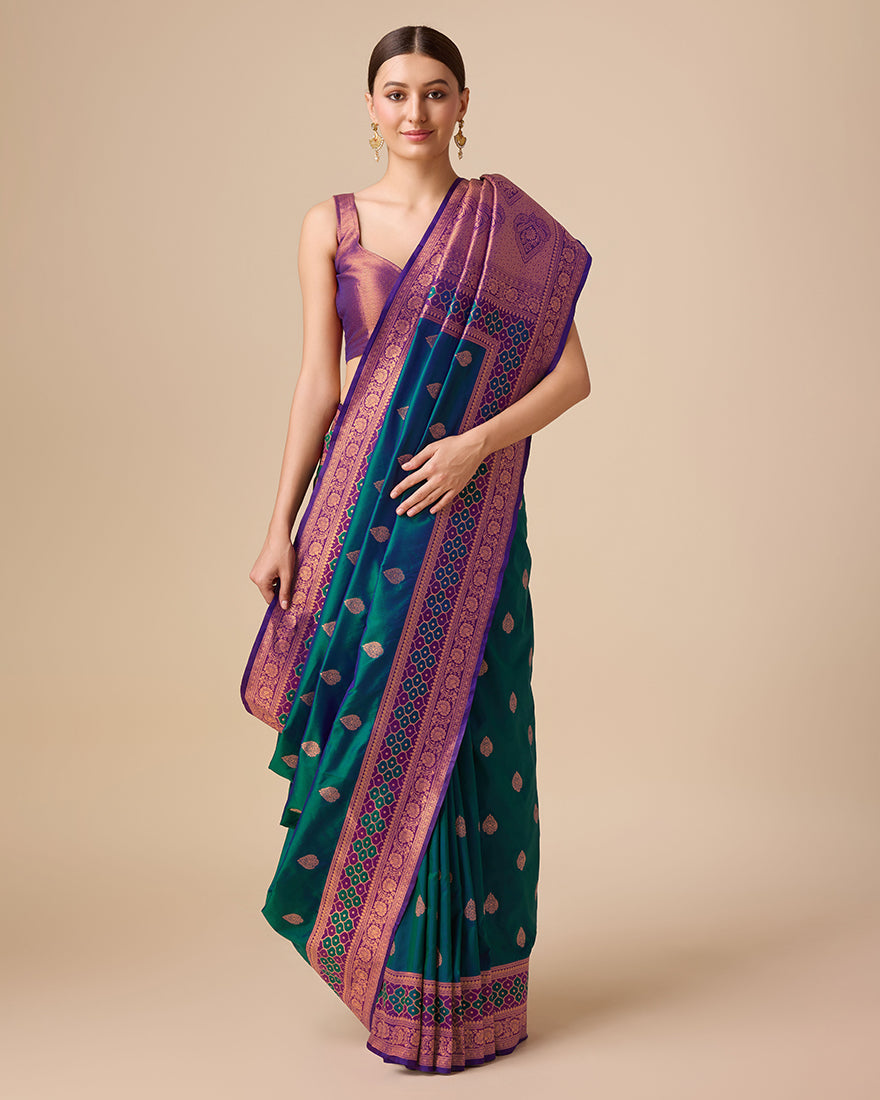 Dark Teal Banarasi Silk Saree with Rich Zari Woven Details