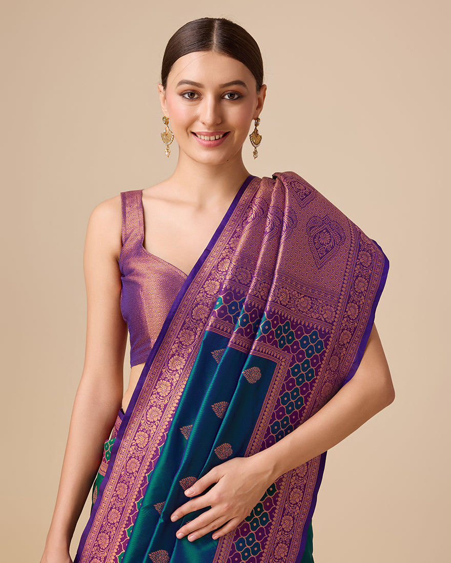 Dark Teal Banarasi Silk Saree with Rich Zari Woven Details
