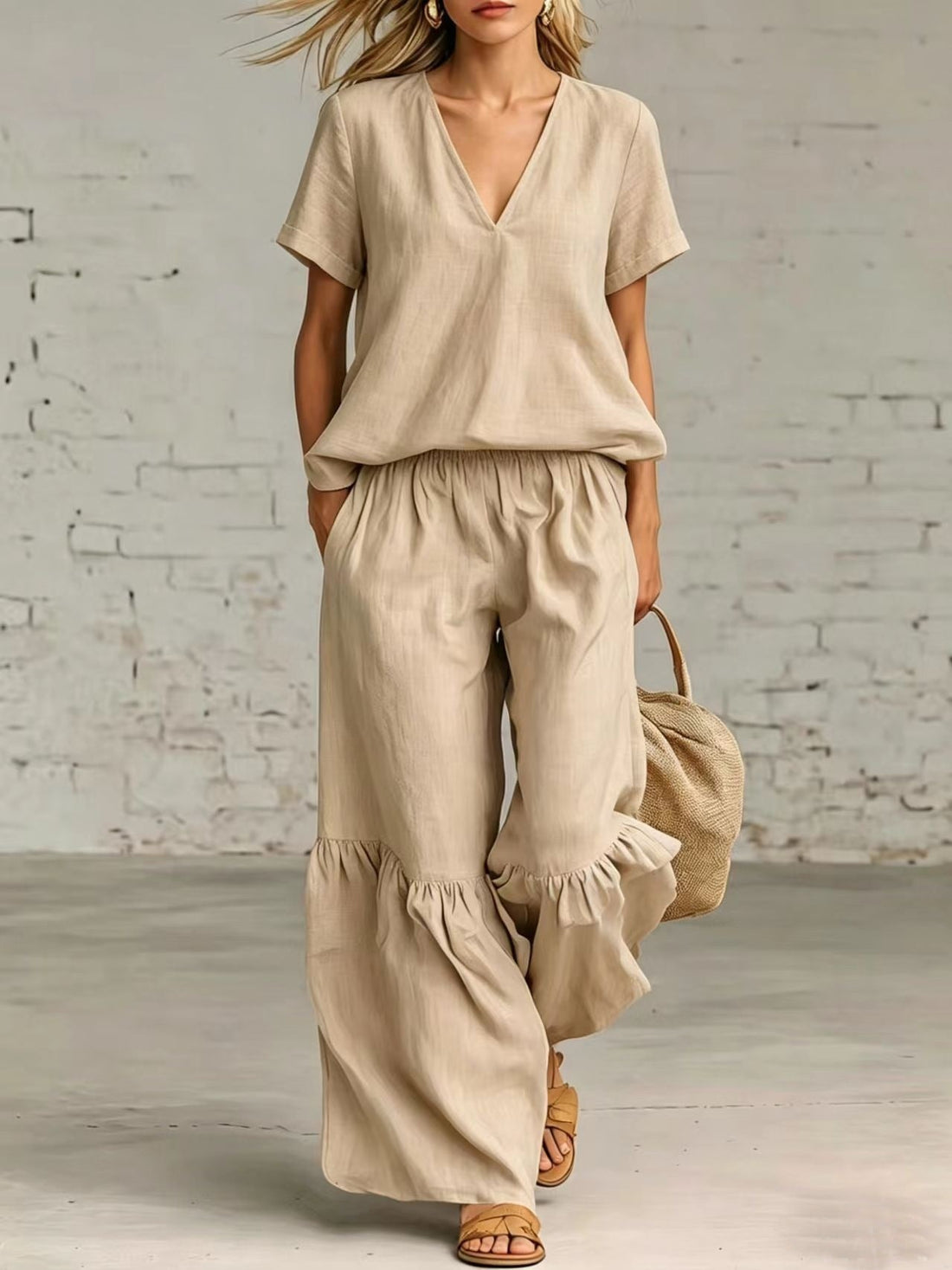 V-Neck Short Sleeve Top and Ruffled Hem Pants Set - Image 8