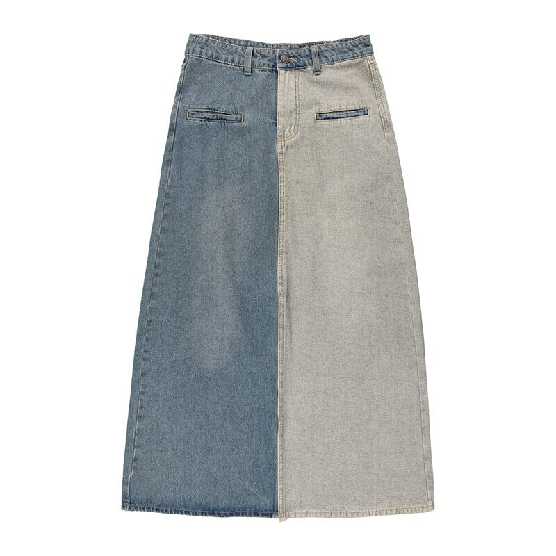 Women's Vintage Color Block Denim Maxi Skirt with Pockets