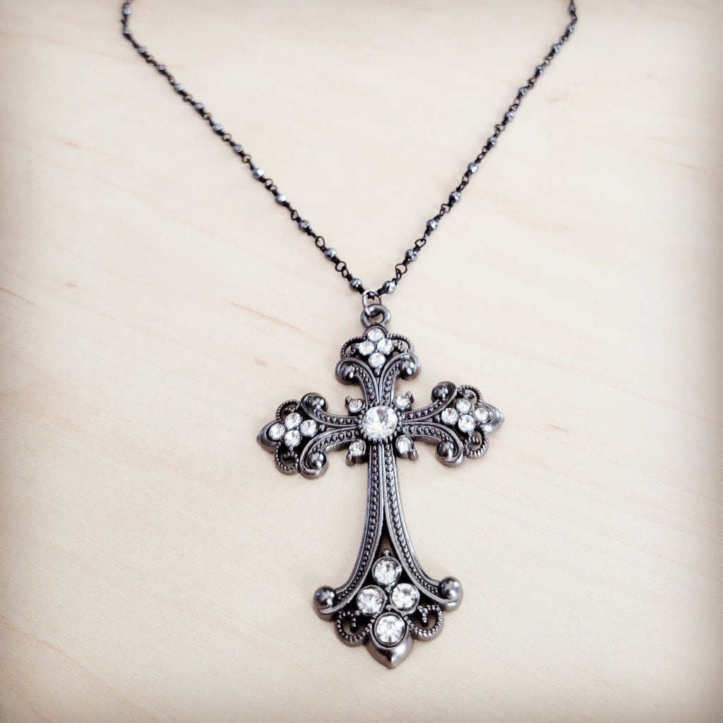 Victorian Filigree Cross Necklace with Gunmetal Finish and Stones