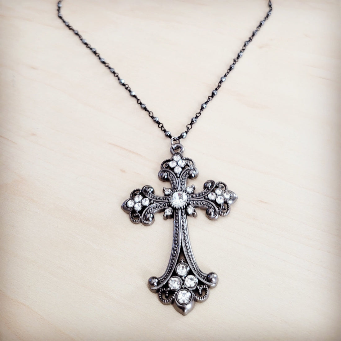 Victorian Filigree Cross Necklace with Gunmetal Finish and Stones