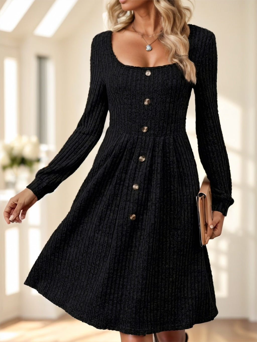 Elegant Long Sleeve Ribbed Knit Midi Dress with Button Details