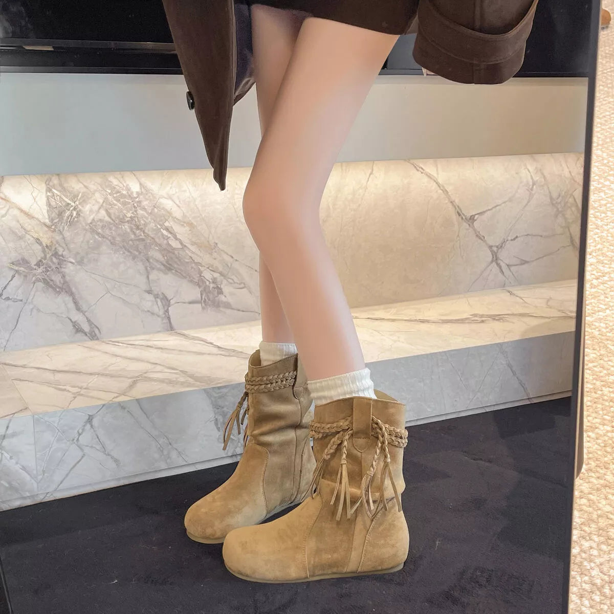 Suede Fringe Round Toe Boots with Block Heel