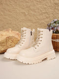 Women's Cream Thick-Soled Combat Ankle Boots - Lace-Up - Image 7