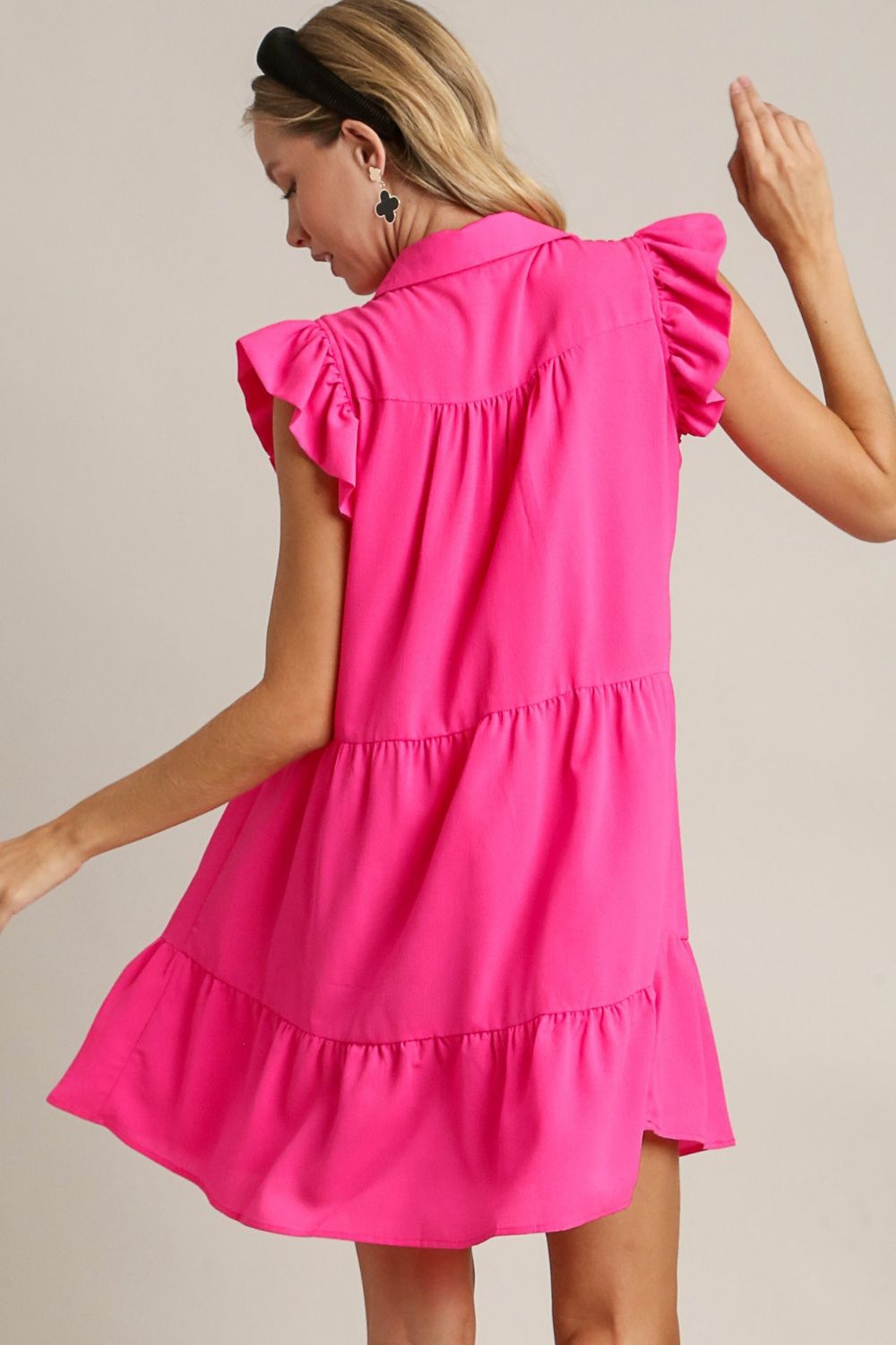 Elegant Ruffle Cap Sleeve Dress with Collared Neckline