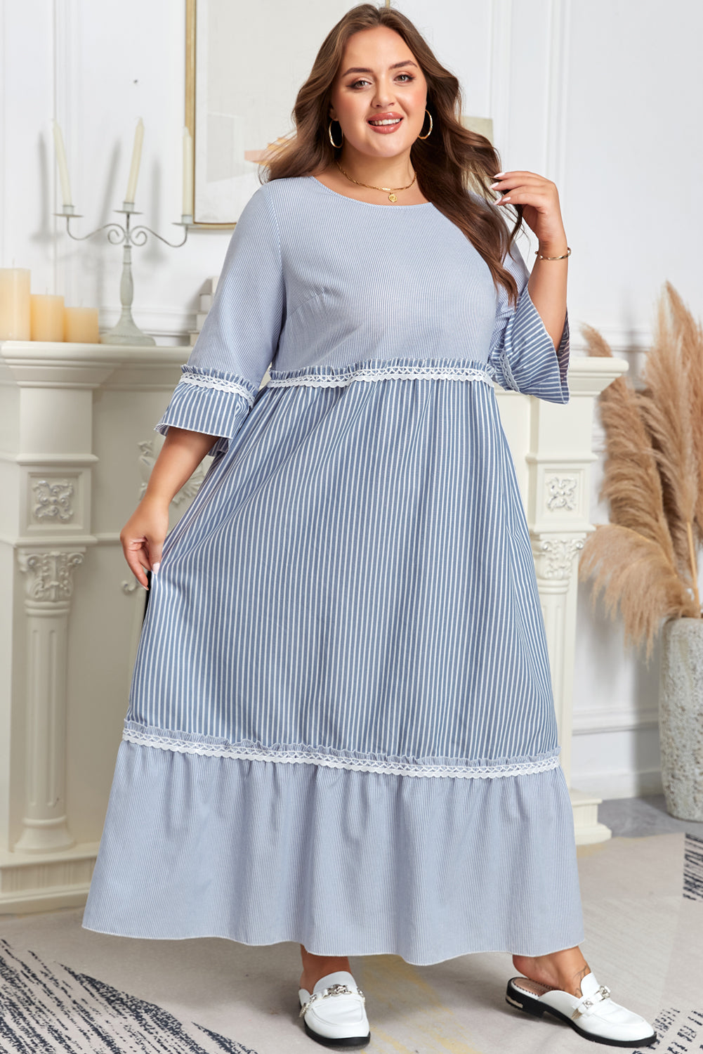 Plus Size Stripe Patchwork Lace Trim 3/4 Sleeve Maxi Dress