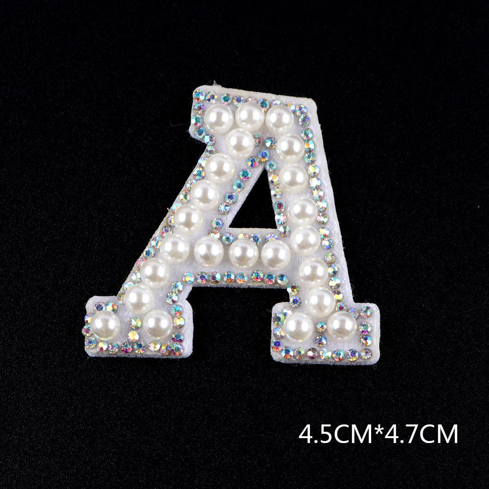 Decorative letter A sticker featuring white faux pearls and clear rhinestones, 2-pack