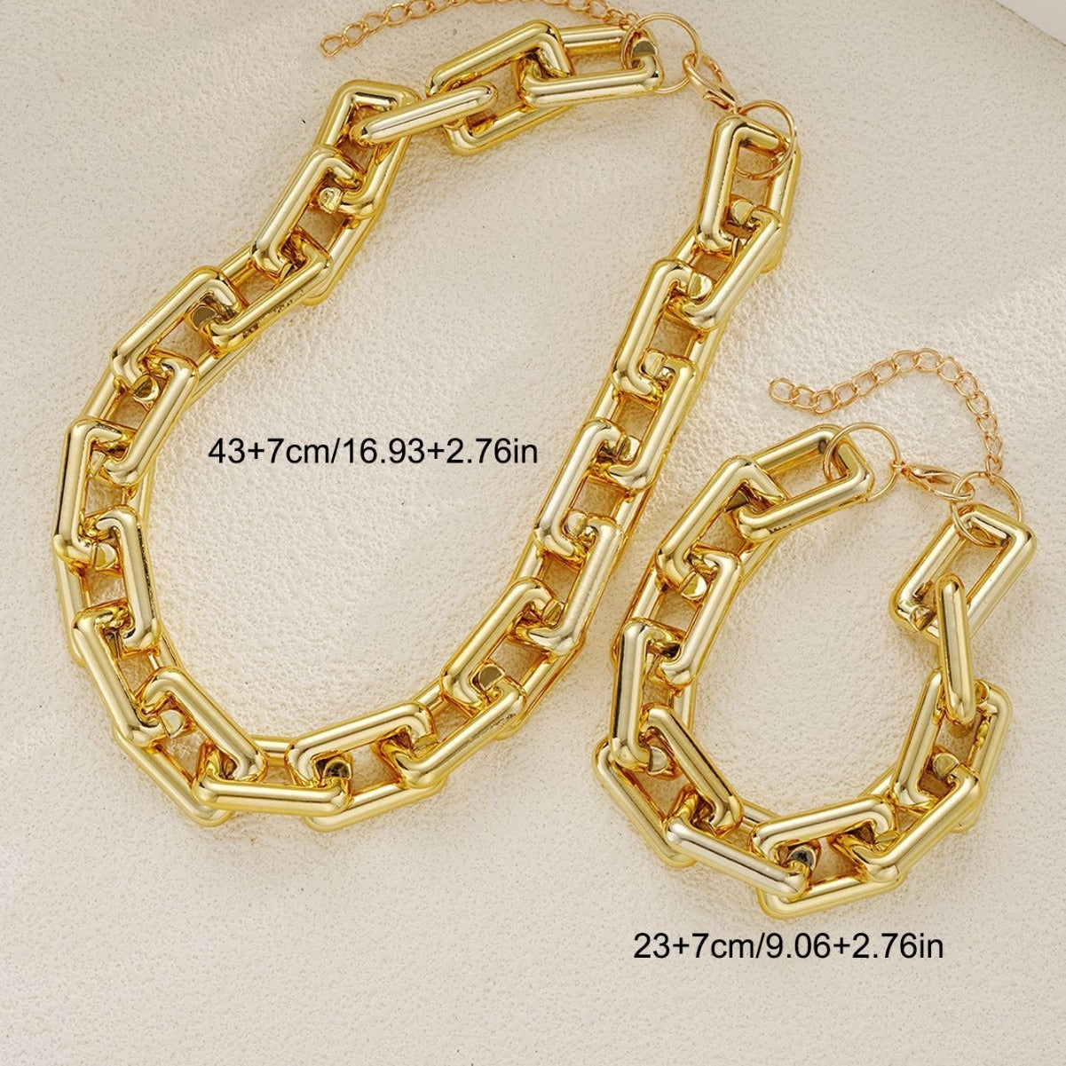 Geometric Chunky Chain Necklace and Bracelet Set Gold Silver