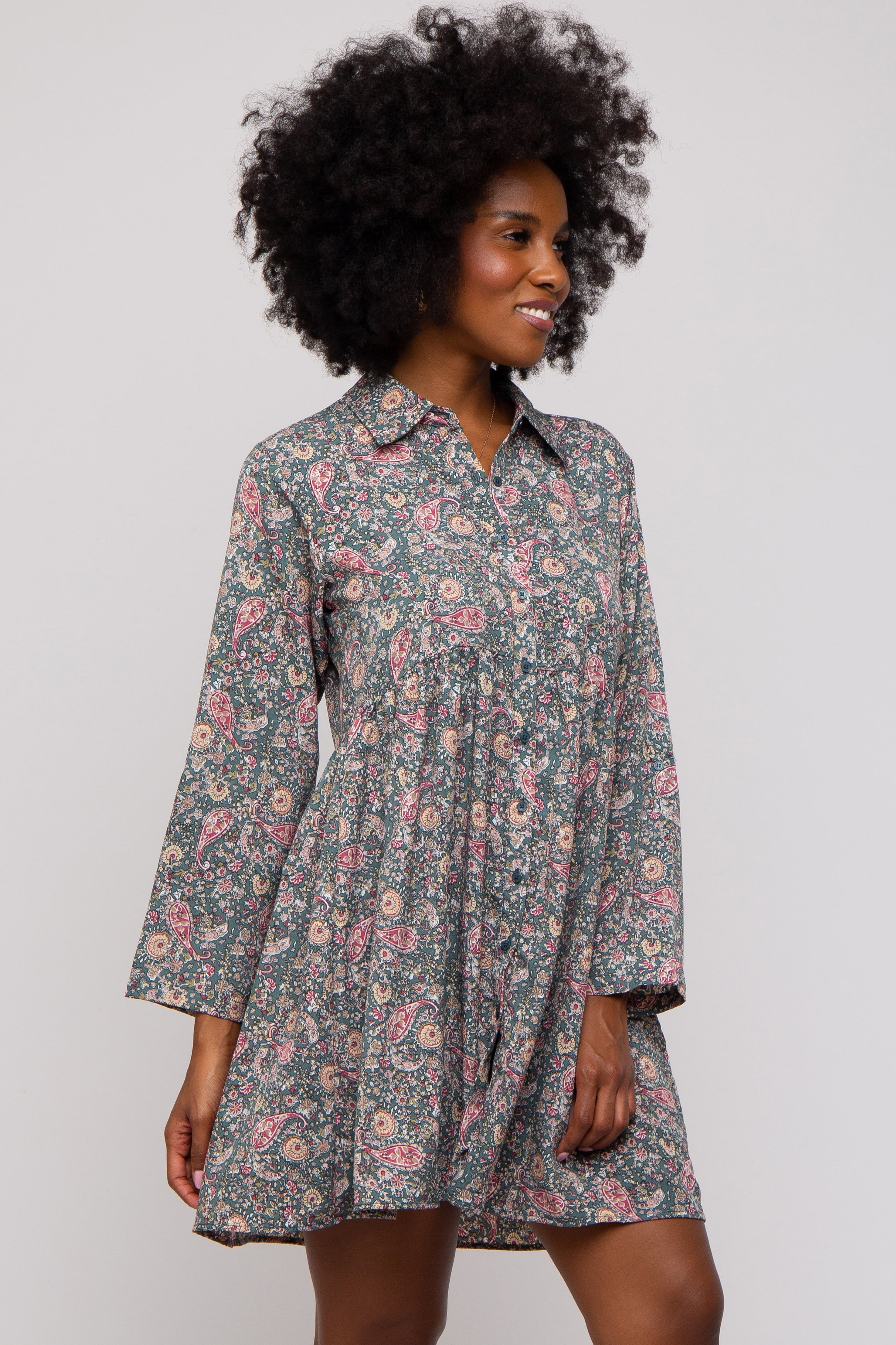 Teal Paisley Print Collared Dress