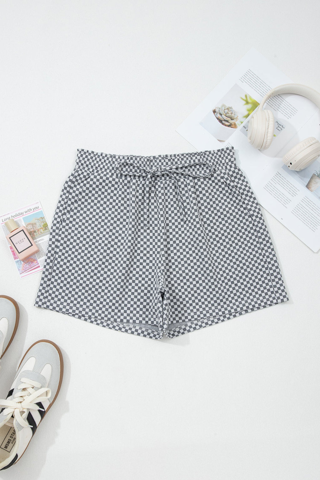 Checkerboard Drawstring Shorts with Pockets