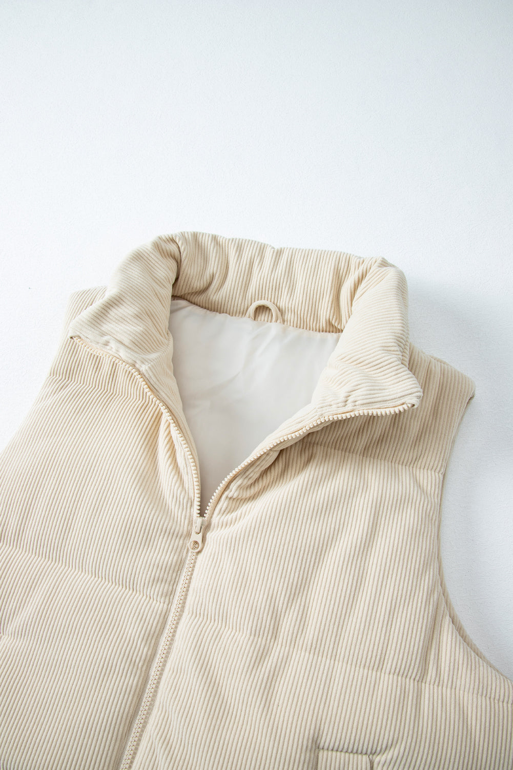 Women's Corduroy Stand Neck Zipped Puffer Vest Cropped Outerwear
