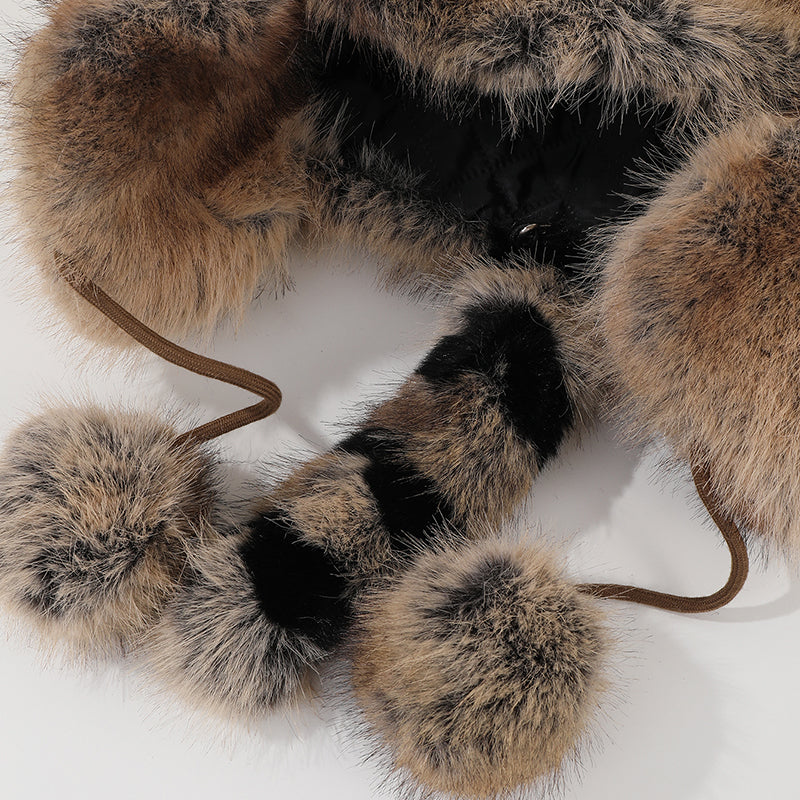 Raccoon Tail Plush Winter Hat with Drawstring