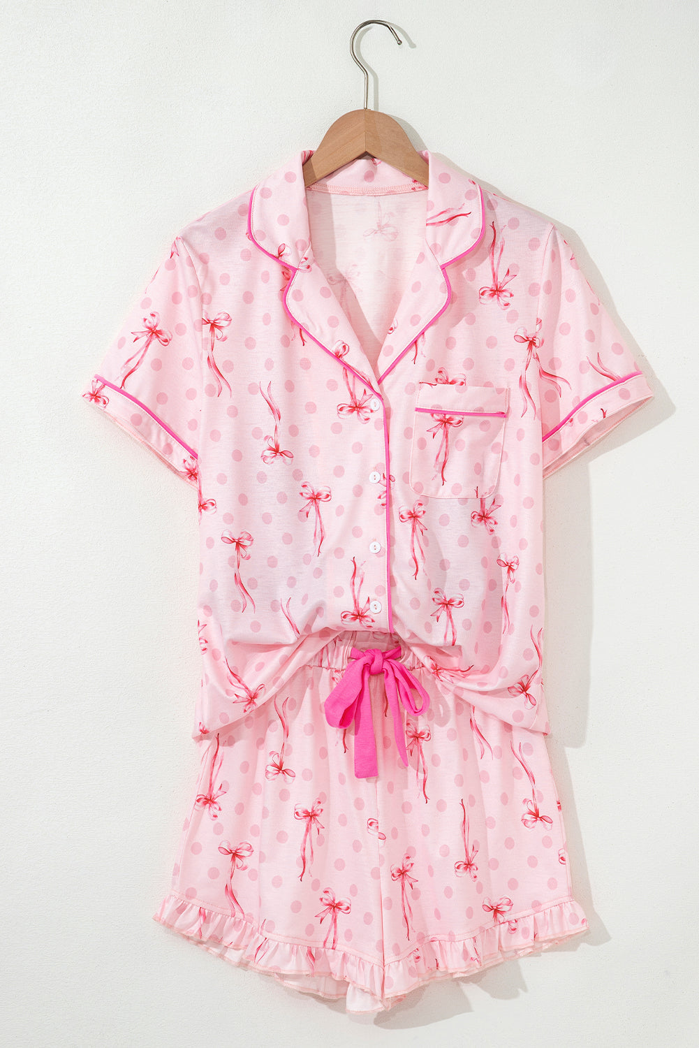 Pink Bow Print Contrast Piping Short Pajamas Set